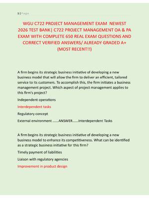 Preview of WGU C722 PROJECT MANAGEMENT EXAM  NEWEST  2026 TEST BANK| C722 PROJECT MANAGEMENT OA & PA