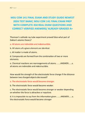 Preview of MSU CEM 141 FINAL EXAM AND STUDY GUIDE NEWEST  2026 TEST BANK| MSU CEM 141 FINAL EXAM PREP  WITH COMPLETE 450 REAL EXAM QUESTIONS AND  CORRECT VERIFIED ANSWERS/ ALREADY GRADED A+
