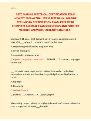 Preview of ABYC MARINE ELECTRICAL CERTIFICATION EXAM  NEWEST 2026 ACTUAL EXAM TEST BANK| MARINE  TECH