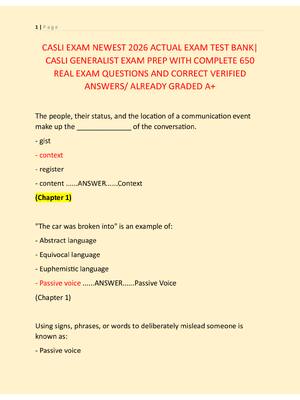 Preview of CASLI EXAM NEWEST 2026 ACTUAL EXAM TEST BANK|  CASLI GENERALIST EXAM PREP WITH COMPLETE 65