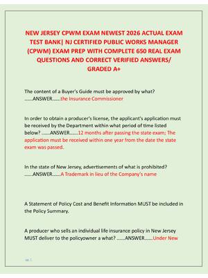 Preview of NEW JERSEY CPWM EXAM NEWEST 2026 ACTUAL EXAM  TEST BANK| NJ CERTIFIED PUBLIC WORKS MANAGER