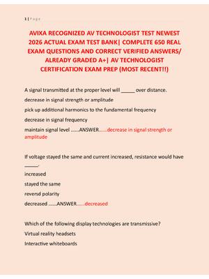 Preview of AVIXA RECOGNIZED AV TECHNOLOGIST TEST NEWEST  2026 ACTUAL EXAM TEST BANK| COMPLETE 650 REA