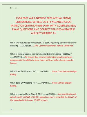 Preview of CVSA PART A &amp; B NEWEST 2026 ACTUAL EXAM|  COMMERCIAL VEHICLE SAFETY ALLIANCE (CVSA)  INSPECTOR CERTIFICATION EXAM WITH COMPLETE REAL  EXAM QUESTIONS AND CORRECT VERIFIED ANSWERS/  ALREADY GRADED A+