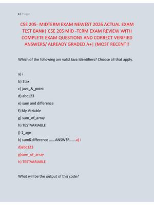 Preview of CSE 205- MIDTERM EXAM NEWEST 2026 ACTUAL EXAM  TEST BANK| CSE 205 MID -TERM EXAM REVIEW WI