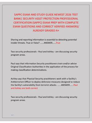 Preview of SAPPC EXAM AND STUDY GUIDE NEWEST 2026 TEST  BANK| SECURITY ASSET PROTECTION PROFESSIONAL  CERTIFICATION (SAPPC) EXAM PREP WITH COMPLETE  EXAM QUESTIONS AND CORRECT VERIFIED ANSWERS/  ALREADY GRADED A+