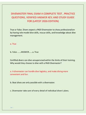 Preview of DIVEMASTER FINAL EXAM A COMPLETE TEST , PRACTICE  QUESTIONS, VERIFIED ANSWER KEY, AND STUDY GUIDE  FOR (LATEST 2026 EDITION)