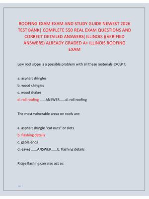 Preview of ROOFING EXAM EXAM AND STUDY GUIDE NEWEST 2026  TEST BANK| COMPLETE 550 REAL EXAM QUESTIONS