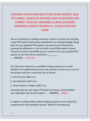 Preview of ROOFING EXAM EXAM AND STUDY GUIDE NEWEST 2026  TEST BANK| COMPLETE 450 REAL EXAM QUESTIONS