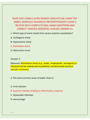 Preview of NURS 5315 EXAM 3 (UTA) NEWEST 2026 ACTUAL EXAM TEST  BANK| NURS5315 ADVANCED PATHOPHYSIOLO