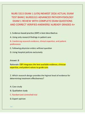 Preview of NURS 5315 EXAM 1 (UTA) NEWEST 2026 ACTUAL EXAM  TEST BANK| NURS5315 ADVANCED PATHOPHYSIOLO