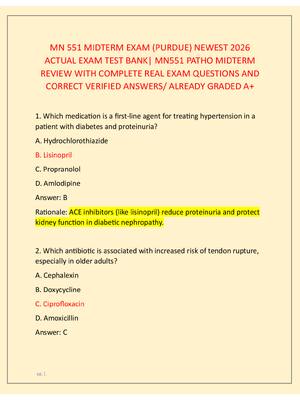 Preview of MN 551 MIDTERM EXAM (PURDUE) NEWEST 2026  ACTUAL EXAM TEST BANK| MN551 PATHO MIDTERM  REVI