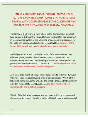 Preview of MN 551 MIDTERM EXAM (PURDUE) NEWEST 2026  ACTUAL EXAM TEST BANK| MN551 PATHO MIDTERM  REVI