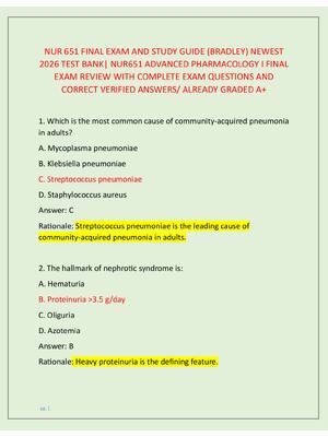 Preview image for NUR 651 FINAL EXAM AND STUDY GUIDE (BRADLEY) NEWEST  2026 TEST BANK| NUR651 ADVANCED PHARMACOLOGY I FINAL  EXAM REVIEW WITH COMPLETE EXAM QUESTIONS AND  CORRECT VERIFIED ANSWERS/ ALREADY GRADED A+