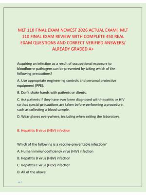 Preview image for MLT 110 FINAL EXAM NEWEST 2026 ACTUAL EXAM| MLT  110 FINAL EXAM REVIEW WITH COMPLETE 450 REAL  EXAM QUESTIONS AND CORRECT VERIFIED ANSWERS/  ALREADY GRADED A+