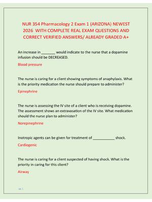 Preview image for NUR 354 Pharmacology 2 Exam 1 (ARIZONA) NEWEST  2026  WITH COMPLETE REAL EXAM QUESTIONS AND  CORRECT VERIFIED ANSWERS/ ALREADY GRADED A+