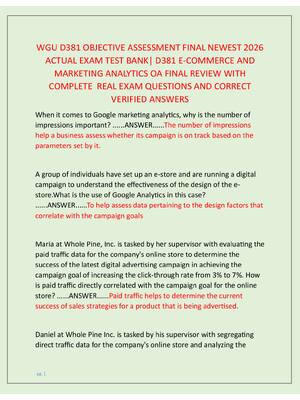 Preview image for WGU D381 OBJECTIVE ASSESSMENT FINAL NEWEST 2026  ACTUAL EXAM TEST BANK| D381 E-COMMERCE AND  MARKETING ANALYTICS OA FINAL REVIEW WITH  COMPLETE  REAL EXAM QUESTIONS AND CORRECT  VERIFIED ANSWERS