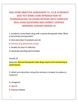 Preview image for WGU D398 OBJECTIVE ASSESSMENT V1, V2 & V3 NEWEST  2026 TEST BANK| D398 INTRODUCTION TO  PHARMACOLOGY OA EXAMS REVIEWS WITH COMPLETE  REAL EXAM QUESTIONS AND CORRECT VERIFIED  ANSWERS/ ALREADY GRADED A+