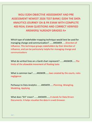 Preview image for WGU D204 OBJECTIVE ASSESSMENT AND PRE  ASSESSMENT NEWEST 2026 TEST BANK| D204 THE DATA  ANALYTICS JOURNEY OA & PA EXAM WITH COMPLETE  400 REAL EXAM QUESTIONS AND CORRECT VERIFIED  ANSWERS/ ALREADY GRADED A+