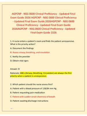 Preview of AGPCNP - NSG 0600 Clinical Proficiency - Updated Final  Exam Guide 2026 AGPCNP - NSG 0600