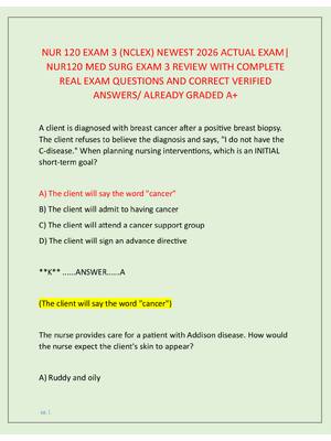 Preview image for NUR 120 EXAM 3 (NCLEX) NEWEST 2026 ACTUAL EXAM|  NUR120 MED SURG EXAM 3 REVIEW WITH COMPLETE  REAL EXAM QUESTIONS AND CORRECT VERIFIED  ANSWERS/ ALREADY GRADED A+