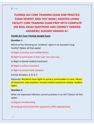 Preview image for FLORIDA ALF CORE TRAINING EXAM AND PRACTICE  EXAM NEWEST 2026 TEST BANK| ASSISTED LIVING  FACILITY CORE TRAINING EXAM PREP WITH COMPLETE  550 REAL EXAM QUESTIONS AND CORRECT VERIFIED  ANSWERS/ ALREADY GRADED A+
