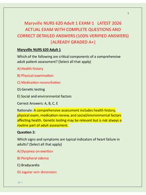 Preview image for Maryville NURS 620 Adult 1 EXAM 1   LATEST 2026  ACTUAL EXAM WITH COMPLETE QUESTIONS AND  CORRECT DETAILED ANSWERS (100% VERIFIED ANSWERS)  |ALREADY GRADED A+|