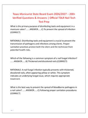 Preview image for Texas Manicurist State Board Exam 2026/2027 – 200+  Verified Questions & Answers | Official TDLR Nail Tech  Test Prep