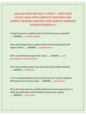 Preview image for Maryville NURS 620 Adult 1 EXAM 1   LATEST 2026  ACTUAL EXAM WITH COMPLETE QUESTIONS AND  CORRECT DETAILED ANSWERS (100% VERIFIED ANSWERS)  |ALREADY GRADED A+|