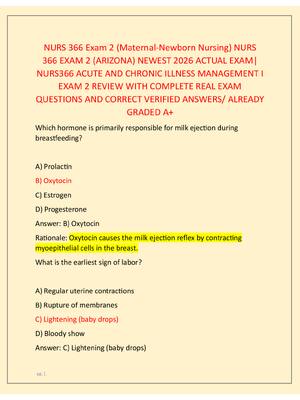 Preview image for NURS 366 Exam 2 (Maternal-Newborn Nursing) NURS  366 EXAM 2 (ARIZONA) NEWEST 2026 ACTUAL EXAM|  NURS366 ACUTE AND CHRONIC ILLNESS MANAGEMENT I  EXAM 2 REVIEW WITH COMPLETE REAL EXAM  QUESTIONS AND CORRECT VERIFIED ANSWERS/ ALREADY  GRADED A+
