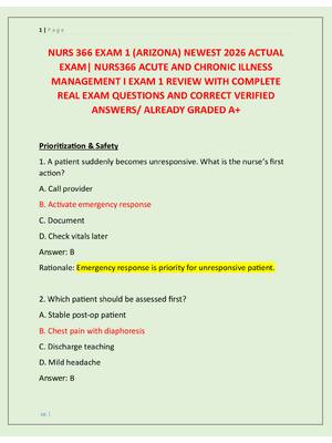 Preview image for NURS 366 EXAM 1 (ARIZONA) NEWEST 2026 ACTUAL  EXAM| NURS366 ACUTE AND CHRONIC ILLNESS  MANAGEMENT I EXAM 1 REVIEW WITH COMPLETE  REAL EXAM QUESTIONS AND CORRECT VERIFIED  ANSWERS/ ALREADY GRADED A+