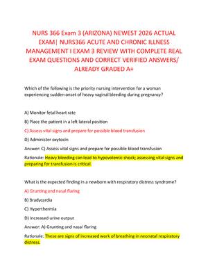 Preview image for NURS 366 Exam 3 (ARIZONA) NEWEST 2026 ACTUAL  EXAM| NURS366 ACUTE AND CHRONIC ILLNESS  MANAGEMENT I EXAM 3 REVIEW WITH COMPLETE REAL  EXAM QUESTIONS AND CORRECT VERIFIED ANSWERS/  ALREADY GRADED A+