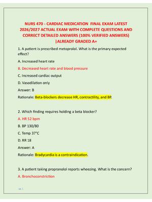 Preview image for NURS 470 - CARDIAC MEDICATION  FINAL EXAM LATEST  2026/2027 ACTUAL EXAM WITH COMPLETE QUESTIONS AND  CORRECT DETAILED ANSWERS (100% VERIFIED ANSWERS)  |ALREADY GRADED A+