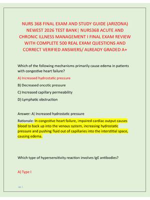 Preview image for NURS 368 FINAL EXAM AND STUDY GUIDE (ARIZONA)  NEWEST 2026 TEST BANK| NURS368 ACUTE AND  CHRONIC ILLNESS MANAGEMENT I FINAL EXAM REVIEW  WITH COMPLETE 500 REAL EXAM QUESTIONS AND  CORRECT VERIFIED ANSWERS/ ALREADY GRADED A+