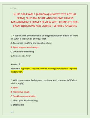 Preview image for NURS 366 EXAM 2 (ARIZONA) NEWEST 2026 ACTUAL  EXAM| NURS366 ACUTE AND CHRONIC ILLNESS  MANAGEMENT I EXAM 2 REVIEW WITH COMPLETE REAL  EXAM QUESTIONS AND CORRECT VERIFIED ANSWERS
