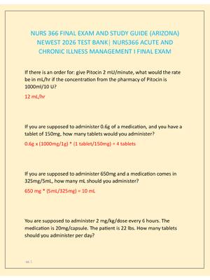 Preview image for NURS 366 FINAL EXAM AND STUDY GUIDE (ARIZONA)  NEWEST 2026 TEST BANK| NURS366 ACUTE AND  CHRONIC ILLNESS MANAGEMENT I FINAL EXAM