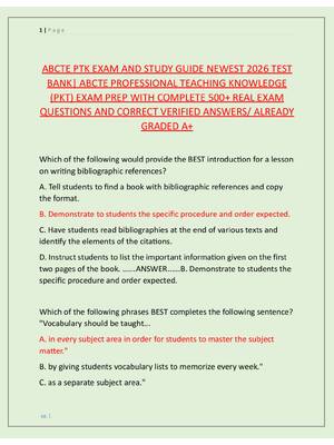 Preview image for ABCTE PTK EXAM AND STUDY GUIDE NEWEST 2026 TEST  BANK| ABCTE PROFESSIONAL TEACHING KNOWLEDGE  (PKT) EXAM PREP WITH COMPLETE 500+ REAL EXAM  QUESTIONS AND CORRECT VERIFIED ANSWERS/ ALREADY  GRADED A+