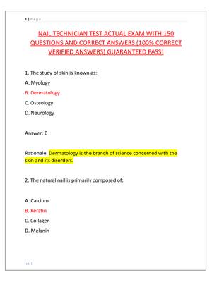 Preview image for NAIL TECHNICIAN TEST ACTUAL EXAM WITH 150  QUESTIONS AND CORRECT ANSWERS (100% CORRECT  VERIFIED ANSWERS) GUARANTEED PASS!