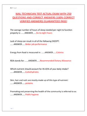 Preview image for NAIL TECHNICIAN TEST ACTUAL EXAM WITH 250  QUESTIONS AND CORRECT ANSWERS (100% CORRECT  VERIFIED ANSWERS) GUARANTEED PASS!