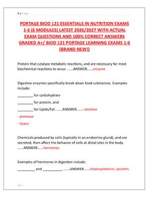 Preview image for PORTAGE BIOD 121 ESSENTIALS IN NUTRITION EXAMS  1-6 (6 MODULES) LATEST 2026/2027 WITH ACTUAL  EXAM QUESTIONS AND 100% CORRECT ANSWERS  GRADED A+/ BIOD 121 PORTAGE LEARNING EXAMS 1-6  (BRAND NEW!)
