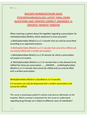 Preview of WALDEN NURS6630|NURS 6630:  PSYCHOPHARMACOLOGY LATEST FINAL EXAM  QUESTIONS AND VERIFIED C