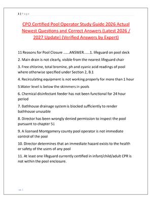 Preview image for CPO Certified Pool Operator Study Guide 2026 Actual  Newest Questions and Correct Answers (Latest 2026 /  2027 Update) (Verified Answers by Expert)