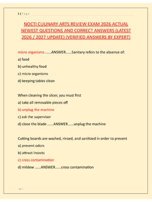 Preview image for NOCTI CULINARY ARTS REVIEW EXAM 2026 ACTUAL  NEWEST QUESTIONS AND CORRECT ANSWERS (LATEST  2026 / 2027 UPDATE) (VERIFIED ANSWERS BY EXPERT)