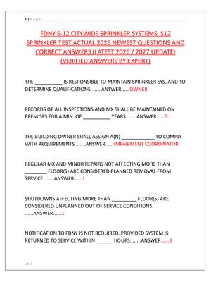 Preview image for FDNY S-12 CITYWIDE SPRINKLER SYSTEMS, S12  SPRINKLER TEST ACTUAL 2026 NEWEST QUESTIONS AND  CORRECT ANSWERS (LATEST 2026 / 2027 UPDATE)  (VERIFIED ANSWERS BY EXPERT)