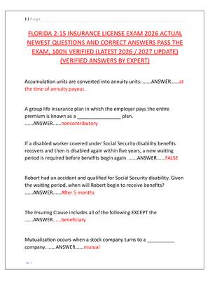 Preview image for FLORIDA 2-15 INSURANCE LICENSE EXAM 2026 ACTUAL  NEWEST QUESTIONS AND CORRECT ANSWERS PASS THE  EXAM, 100% VERIFIED (LATEST 2026 / 2027 UPDATE)  (VERIFIED ANSWERS BY EXPERT)