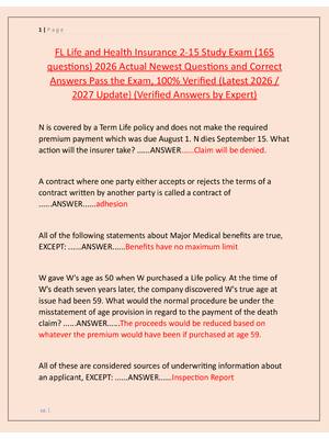 Preview image for FL Life and Health Insurance 2-15 Study Exam (165  questions) 2026 Actual Newest Questions and Correct  Answers Pass the Exam, 100% Verified (Latest 2026 /  2027 Update) (Verified Answers by Expert)