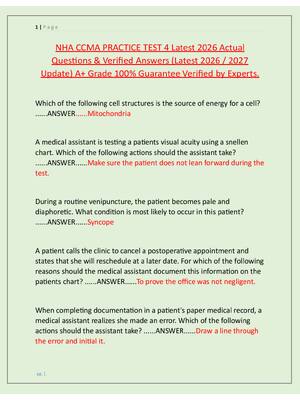 Preview image for NHA CCMA PRACTICE TEST 4 Latest 2026 Actual  Questions & Verified Answers (Latest 2026 / 2027  Update) A+ Grade 100% Guarantee Verified by Experts.