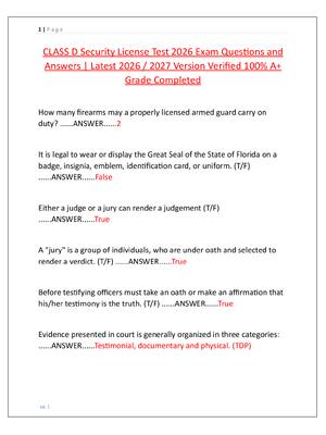 Preview image for CLASS D Security License Test 2026 Exam Questions and  Answers | Latest 2026 / 2027 Version Verified 100% A+  Grade Completed