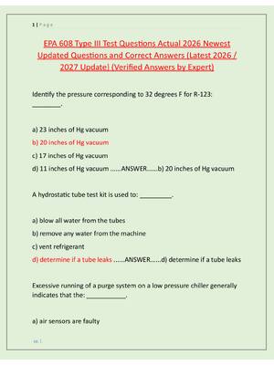Preview image for EPA 608 Type III Test Questions Actual 2026 Newest  Updated Questions and Correct Answers (Latest 2026 /  2027 Update) (Verified Answers by Expert)