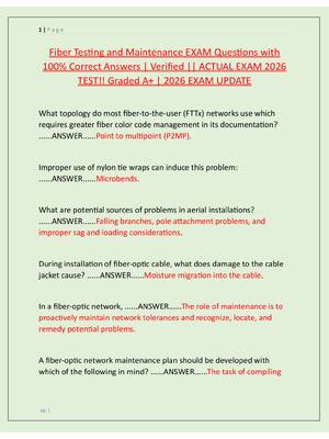 Preview image for Fiber Testing and Maintenance EXAM Questions with  100% Correct Answers | Verified || ACTUAL EXAM 2026  TEST!! Graded A+ | 2026 EXAM UPDATE