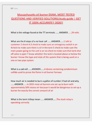 Preview image for Massachusetts oil burner EXAM, MOST TESTED  QUESTIONS AND VERIFIED SOLUTIONS/study guide | GET  IT 100% ACCURATE!! 2026!!